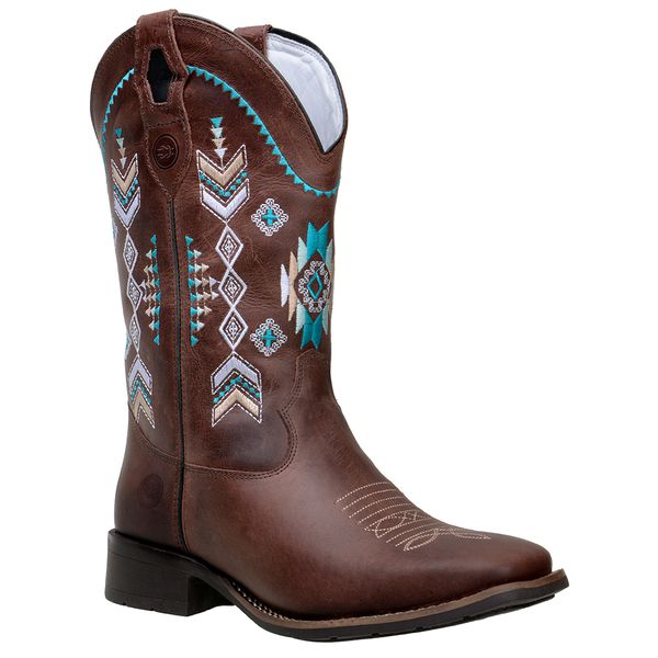 Bota Texana Feminina Bico Quadrado Couro Legítimo Fóssil Café Bordado Verde