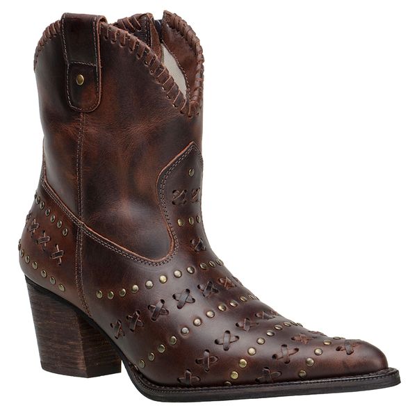 Bota Country Feminina Cano Curto Couro Legítimo Fóssil Café Detalhe em Trisse
