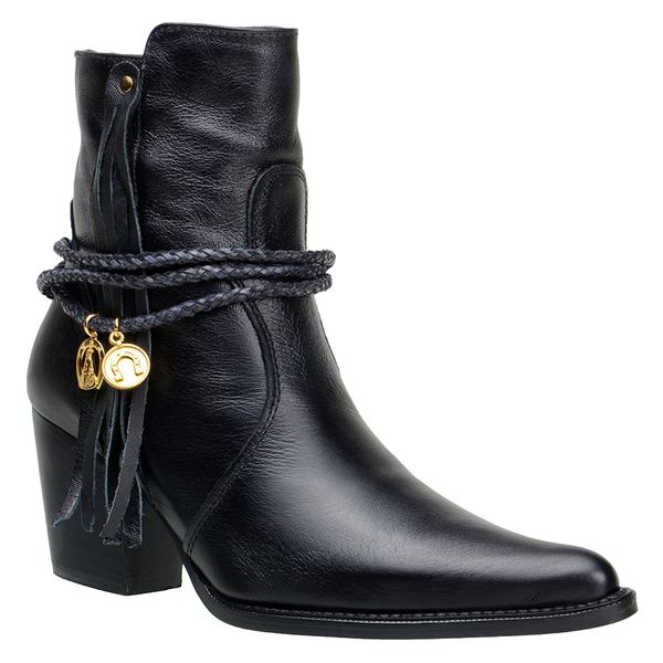 Bota Country Feminina Cano Curto Couro Legítimo Soft Preto com Pingente