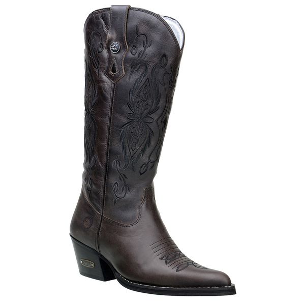 Bota Texana Feminina Bico Fino Couro Legítimo Fóssil Cinza Bordados Florais 