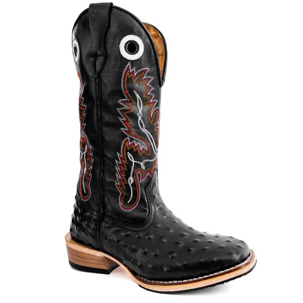 Bota Texana Masculina Couro Legítimo Bovino Látego Preto e Avestruz Preto Solado Carrapeta