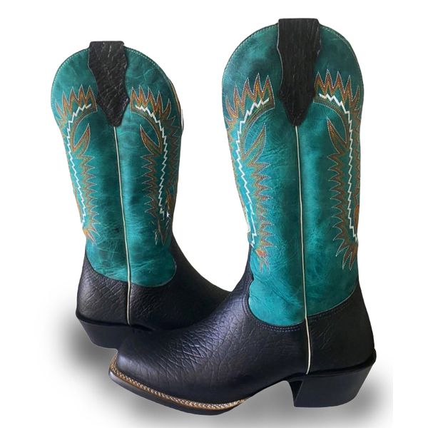 Bota Texana Masculina Couro Legítimo Bovino Tubarão Preto e Fóssil Azul Bordado Asa Salto Carrapeta Preto