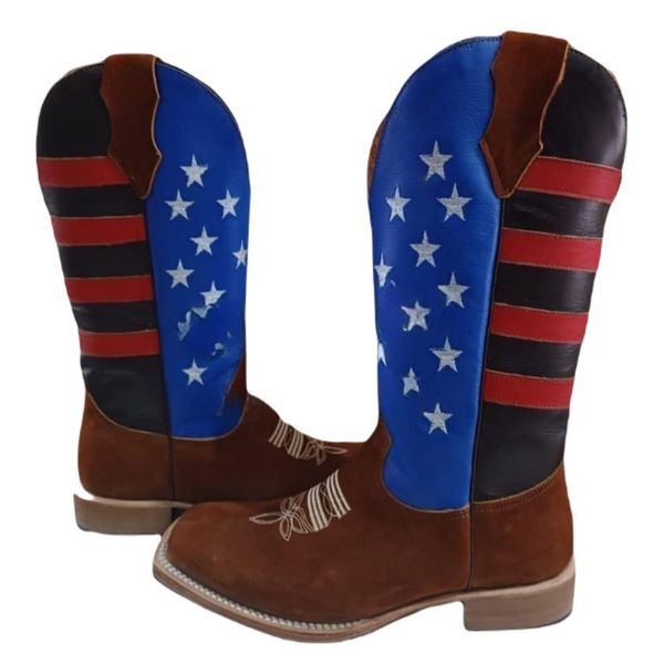 Bota Texana Masculina Couro Legítimo Bovino Crazy Horse Terra e Cano EUA Tiras Solado Couro RETO