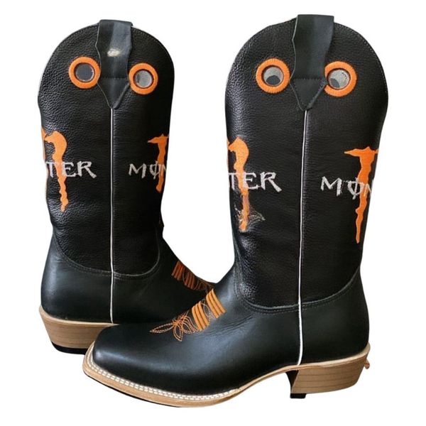 Bota Texana Masculina Couro Legítimo Bovino Látego Preto Bordado Laranja Salto Carrapeta