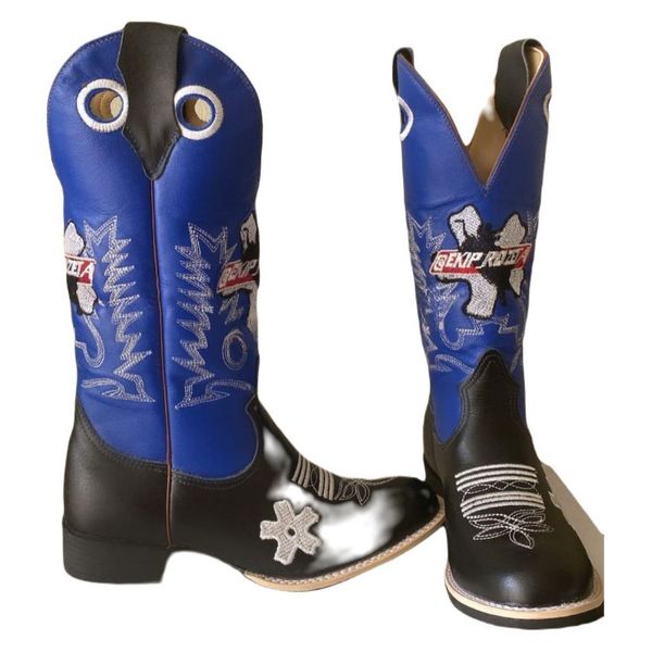 Bota Texana Masculina Couro Legítimo Bovino Látego Preto e Fly Azul Solado Couro Borracha