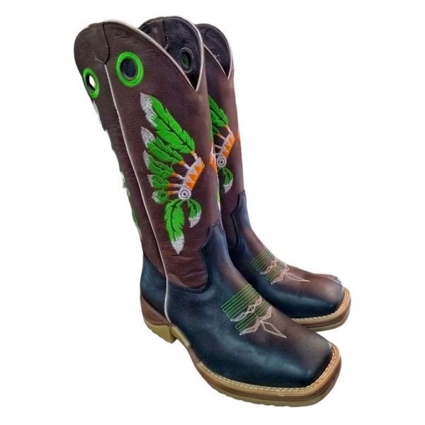 Bota Texana Masculina Couro Legítimo Bovino Látego Preto e Floater Café Bordado Cocar Solado JUMP