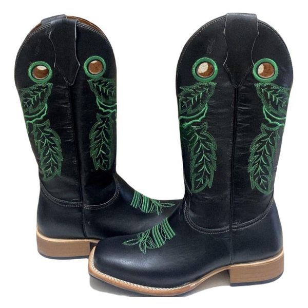 Bota Texana Masculina Couro Legítimo Bovino Látego Preto Bordado Boi Verde Solado Couro Reto