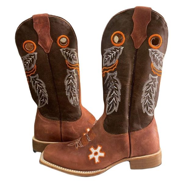 Bota Texana Masculina Couro Legítimo Bovino Crazy Horse Sela e Floater Café Solado Couro Reto