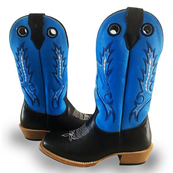 Bota Texana Masculina Couro Legítimo Bovino Látego Preto e Fly Azul Bordada Salto Carrapeta