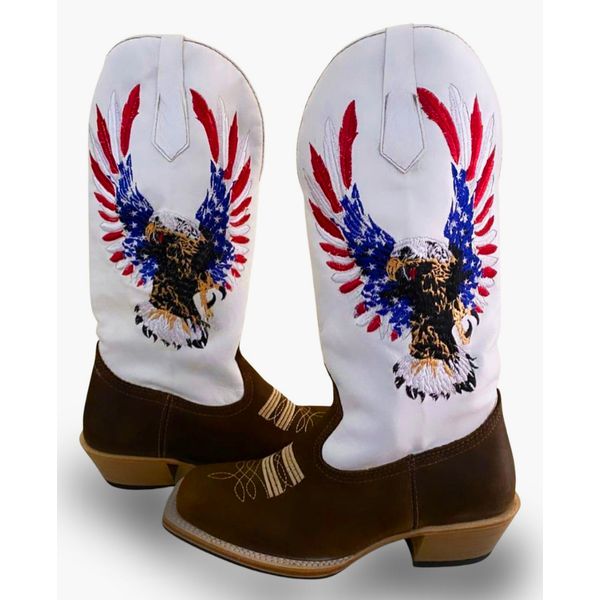 Bota Texana Masculina Couro Legítimo Bovino Crazy Horse Café e Floater Branco Águia Salto Carrapeta