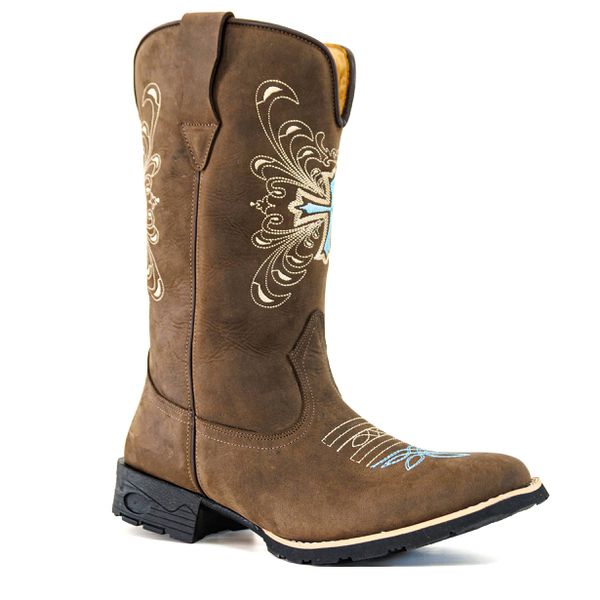 Bota Texana Country Feminina Couro Bovino Legítimo Mustang Café Bordado Cruz Azul