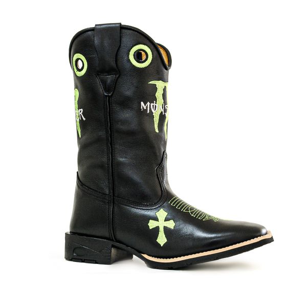 Bota Texana Country Masculina Cano Padrão Couro Legítimo Látego Preto Bordado Monster Solado de Borracha