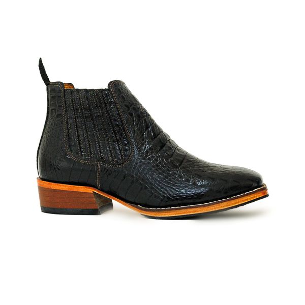 Botina Masculina Bico Quadrado Couro Bovino Legítimo Jacaré Envelhecido Preto Salto Carrapeta