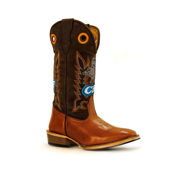 Bota Texana Carrapeta Couro Legítimo Látego Pinhão e Nobuck Café Bordado CRP