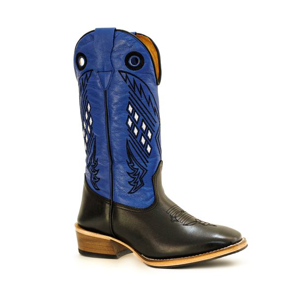 Bota Texana Masculina Salto Carrapeta Couro Látego Preto e Flay Azul Bic Quadriculada