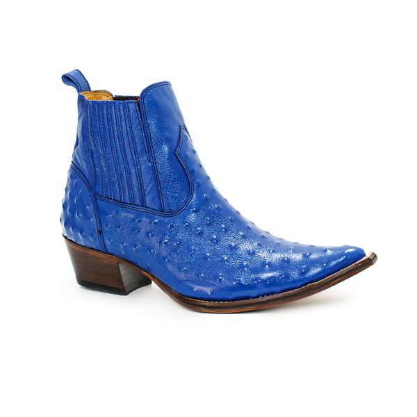 Botina Country Masculina Bico Fino Couro Legítimo Bovino Avestruz Azul
