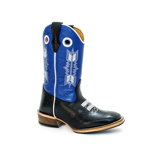 Bota Texana Masculina Cano Padrão Couro Legítimo Bovino Tubarão Preto e Fly Azul Bordado Flecha Salto Carrapeta