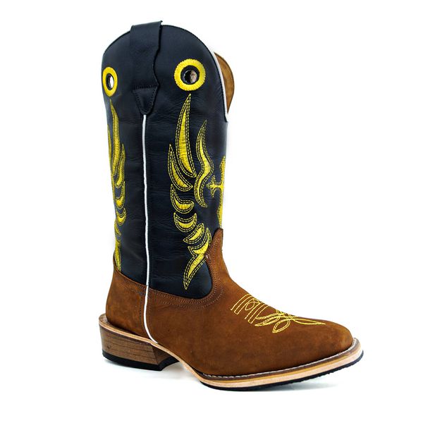 Bota Texana Masculina Couro Legítimo Crazy Horse Sela e Látego Preto Bordado Cruz Amarela e Salto Carrapeta