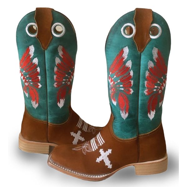 Bota Texana Carrapeta Couro Mustang Verde e Nobuck Castor