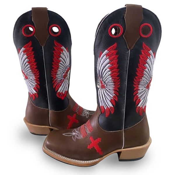 Bota Texana Carrapeta Couro Mustang Preto e Chocolate