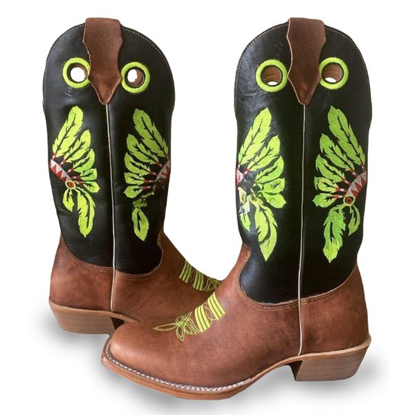 Bota Texana Carrapeta Couro Mustang Preto e Nobuck Chocolate Bordado Cocar