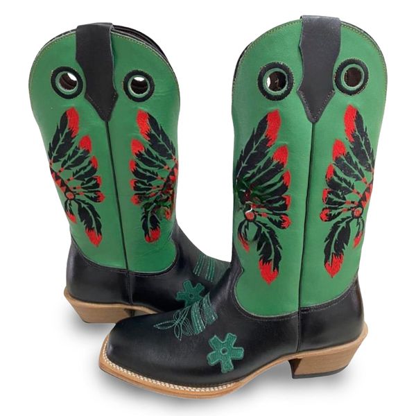 Bota Texana Carrapeta Couro Mustang Preto e Verde