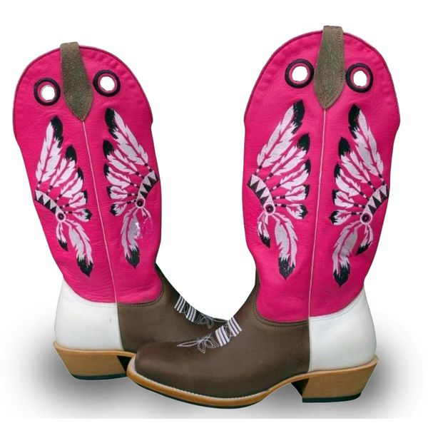 Bota Texana Carrapeta Couro Mustang Chocolate / Branco/ Rosa