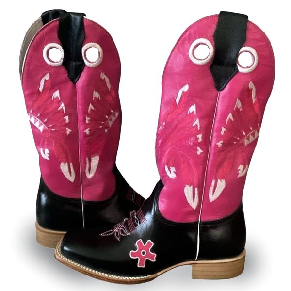 Bota Texana Carrapeta Couro Mustang Preto e Rosa Bordado Cocar