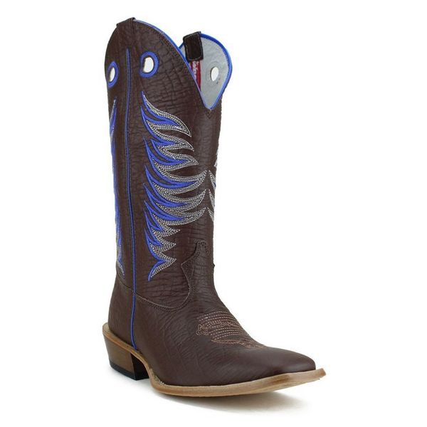 Bota Texana Carrapeta Couro Bovino Tubarão Café Bordado Azul