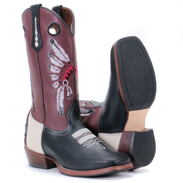 Bota Texana Carrapeta Couro Floater Preto/ Marfim e Mustang Café