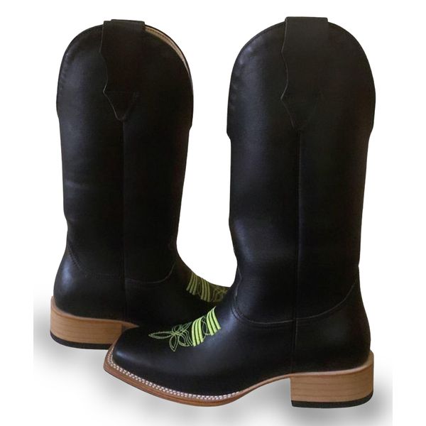 Bota Texana Masculina Bico Quadrado Couro Legítimo Látego Preto Lisa Com Solado Reto