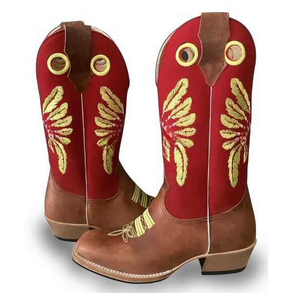 Bota Texana Masculina Bico Quadrado Couro Legítimo Crazy Horse Sela Cocar Amarelo Salto Carrapeta