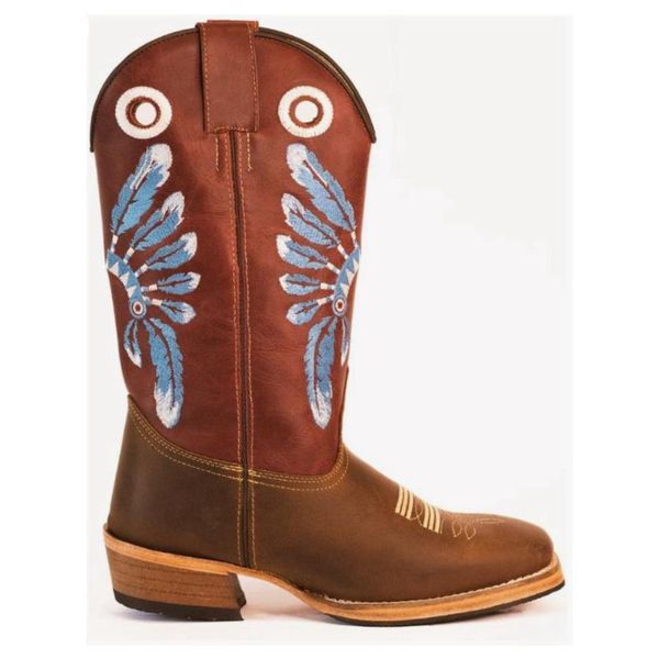 Bota Texana Masculina Bico Quadrado Couro Legítimo Crazy Horse Café e Látego Pinhão Solado Carrapeta