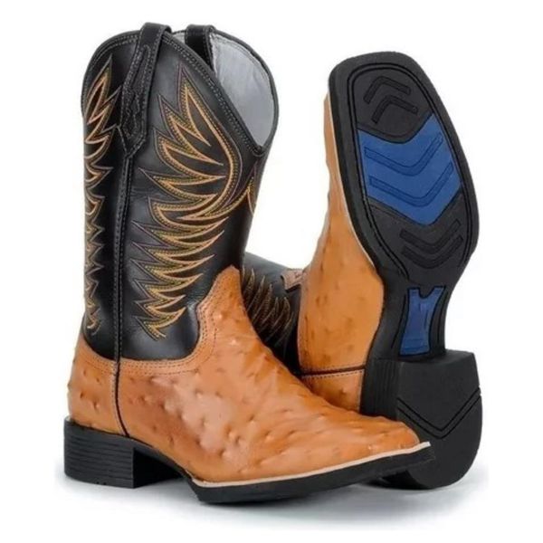 Bota Texana Masculina Bico Quadrado Cano Padrão Couro Bovino Legítimo Avestruz Laranja e Floater Preto