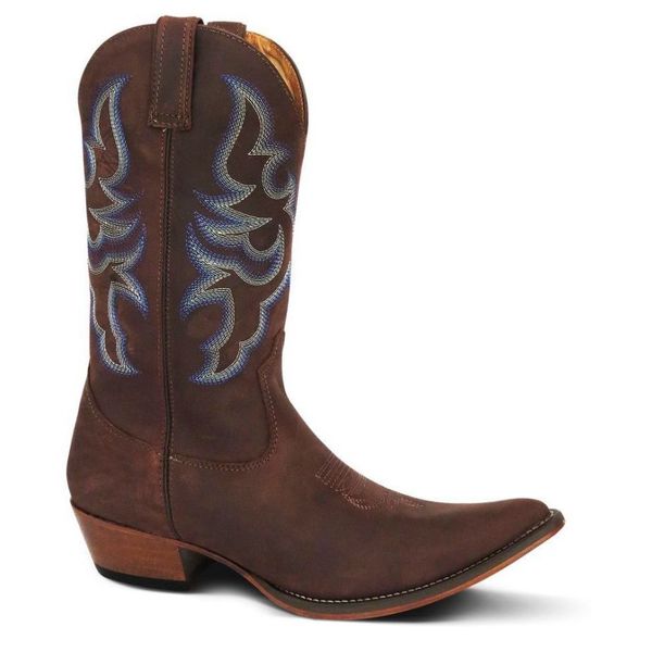Bota Texana Masculina Bico Fino Couro Legítimo Nobuck Café Café Bordado Azul com Solado Vira Inteira