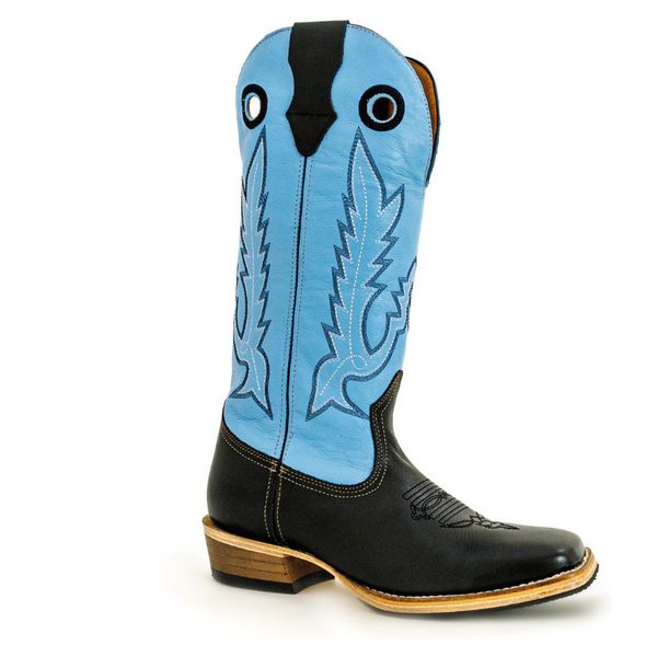 Bota Texana Masculina Bico Quadrado Couro Legítimo Mustang Preto e Azul Solado Carrapeta