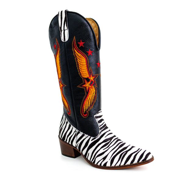 Bota Texana Feminina Country Couro Legítimo Bovino Pelo Zebra e Floater Preto Bordado Asa