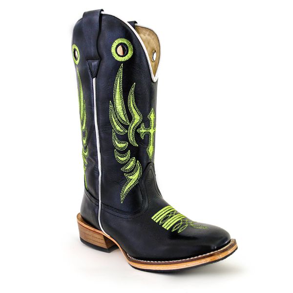Bota Texana Masculina Couro Legítimo Bovino Látego Preto Bordado Cruz Verde Salto Carrapeta