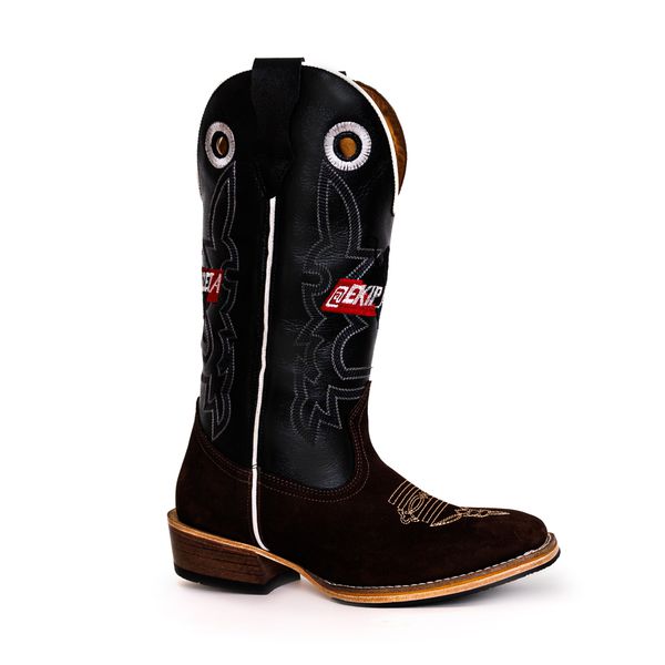 Bota Texana Masculina Couro Legítimo Crazy Horse Café e Látego Preto Ekip Salto Carrapeta