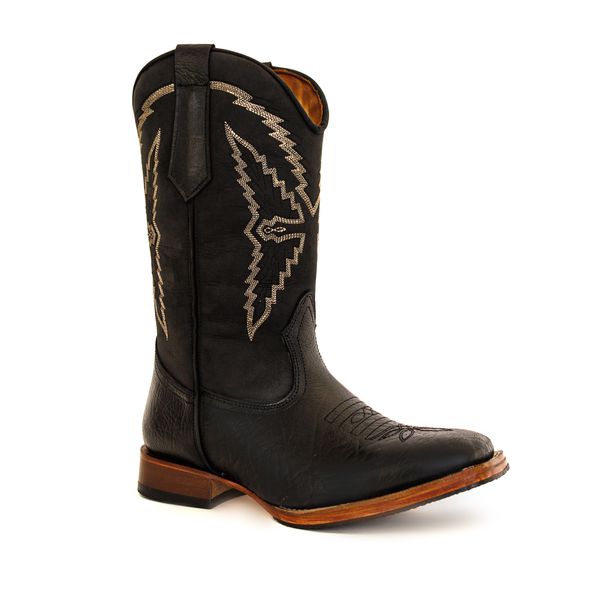 Bota Texana Masculina Cano Padrão Couro Bovino Legítimo Tubarão Preto e Crazy Horse Preto