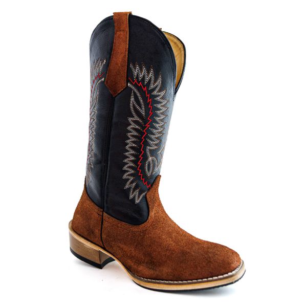 Bota Texana Masculina Couro Legítimo Bovino Invertido e Látego Preto Bordado Linha Salto Carrapeta