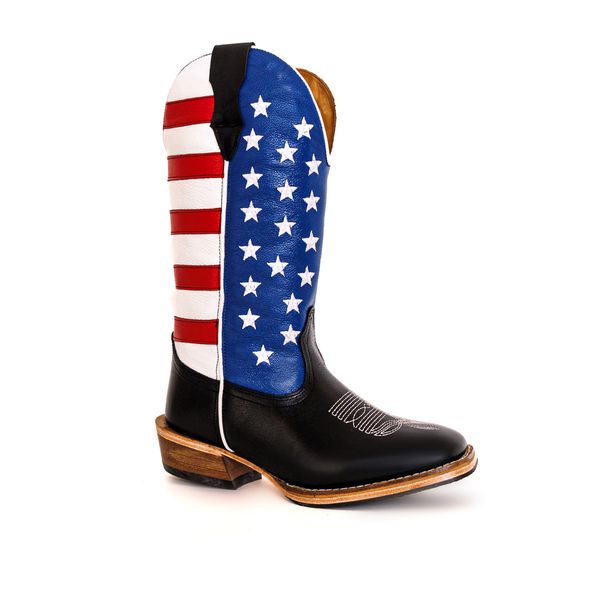 Bota Texana Masculina Couro Legítimo Látego Preto / Branco / Vermelho e Azul Fly EUA Salto Carrapeta