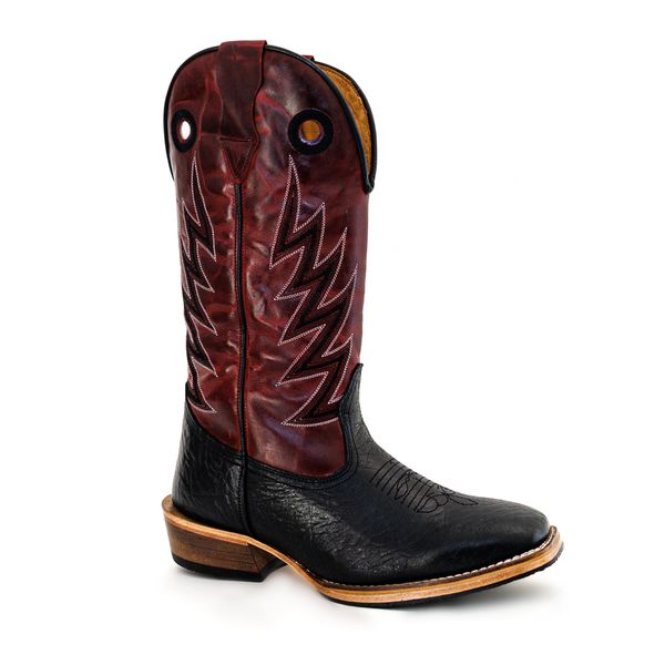 Bota Texana Masculina Bico Quadrado Couro Legítimo Tubarão Preto e Fóssil Vinho Salto Carrapeta