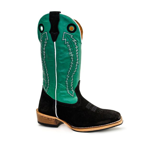 Bota Texana Masculina Couro Legítimo Crazy Horse Preto e Fly Verde Salto Carrapeta