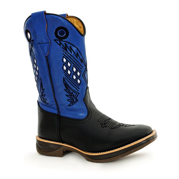 Bota Texana Masculina Cano Padrão Couro Bovino Legítimo Látego Preto e Fly Azul Bordado Quadriculado Solado Jump