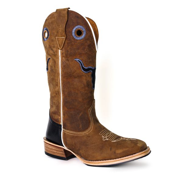 Bota Texana Masculina Couro Legítimo Mustang Tabaco e Látego Preto Bordado Boi Salto Carrapeta