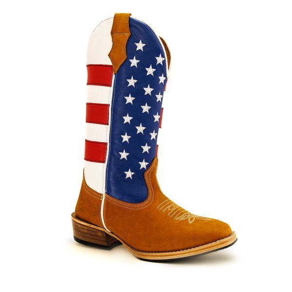 Bota Texana Masculina Couro Legítimo Nobuck Castor e Bandeira Estados Unidos Salto Carrapeta