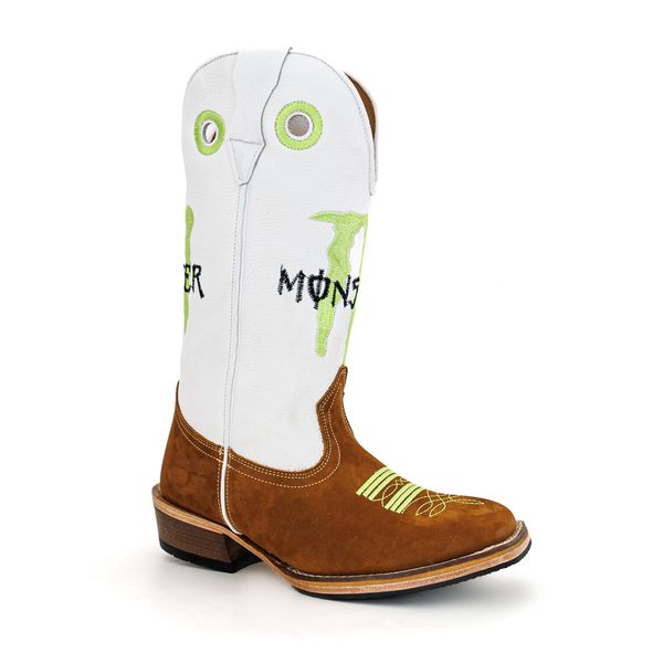Bota Texana Carrapeta Masculina Bico Quadrado Couro Bovino Crazy Horse e Floater Branco