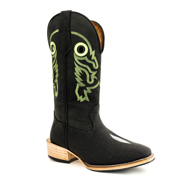 Bota Exótica Texana Masculina Couro Original de Arraia e Crazy Horse Preto Salto Carrapeta
