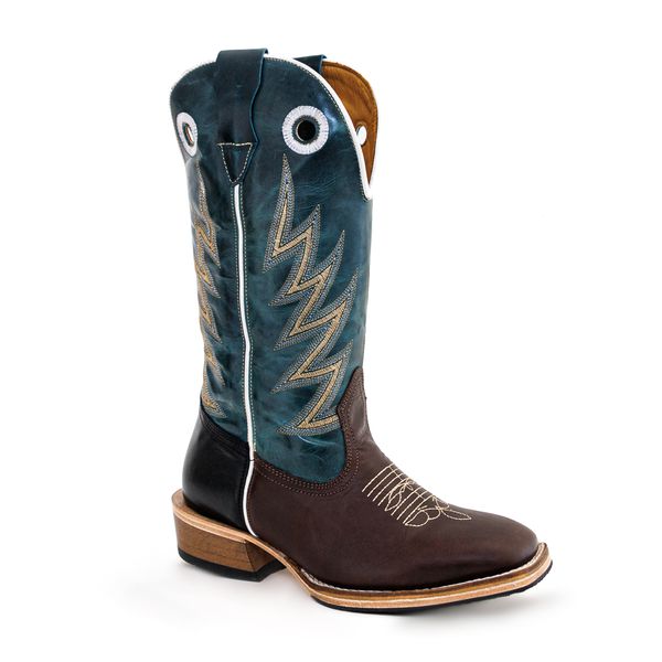 Bota Texana Masculina Couro Legítimo Crazy Horse Café, Látego Preto e Fóssil Azul Salto Carrapeta
